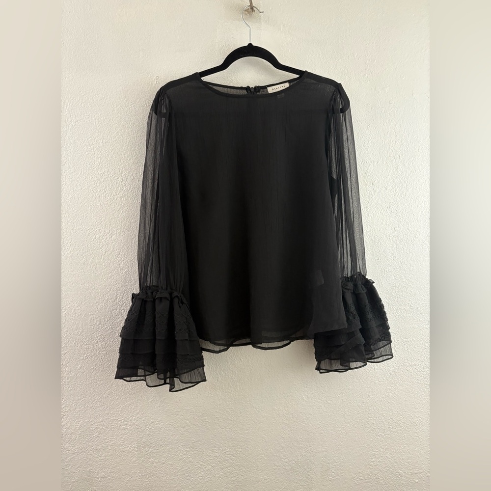 Stellah Top Womens Sheer Bell Sleeve black Blouse  Size M